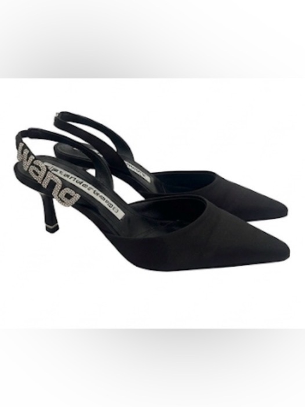 Alexander Wang Black Pointed-Toe Slingback Heels with Crystal Logo Strap